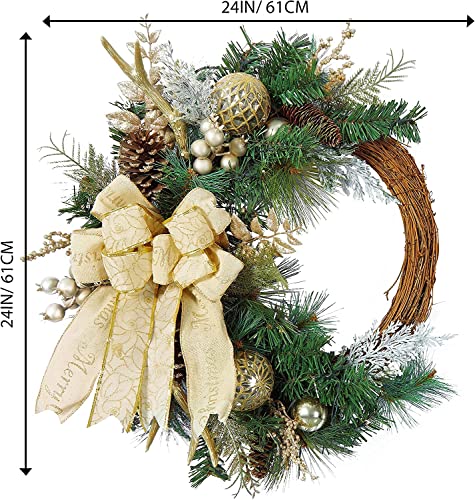 Adeeing 24 Inch Christmas Wreath With Lights, Artificial Xmas Wreath For Front Door With 20 Led Lights And Gilded Ball Ornaments Ribbon Bow For Home Party Indoor Outdoor Decoration #TOP4