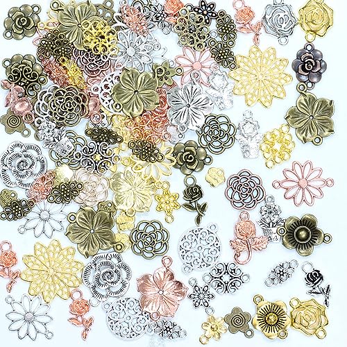stino 100g Rose Daisy Lotus Bud Flower Charms for Jewelry Making, Metal Charms for Braclet Necklace Crafts (Flower Mixed Color)