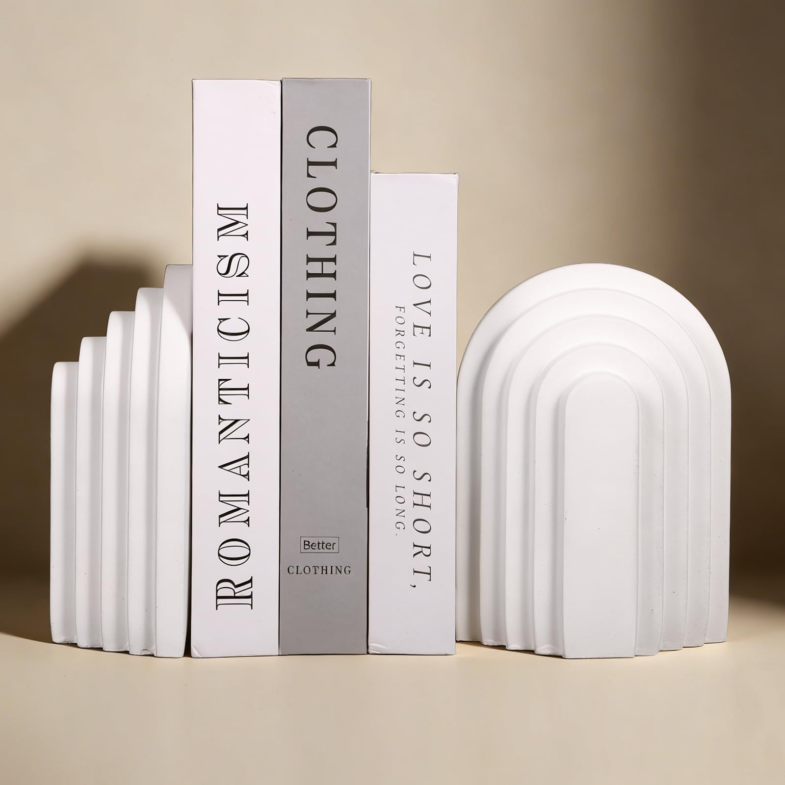 Photo 1 of 2 Pack Concrete Book Ends Layered Arch Design Book Stopper Holders for Aesthetic Decor Decorative Heavy Duty Bookends for Shelves Cookbooks Modern Home Desk Office
