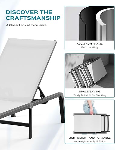 Miniatura 7 de Tumbona de aluminio al aire libre  Silla de descanso plegable y sin montaje para exteriores con 5 respaldos ajustables, silla de patio para piscina