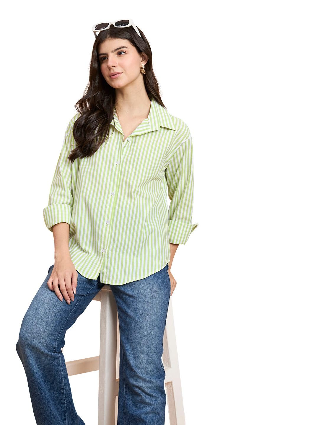 AND Womenâ€™s Striped Cotton Oversized Long Sleeve Button-Down Shirt in neutral
