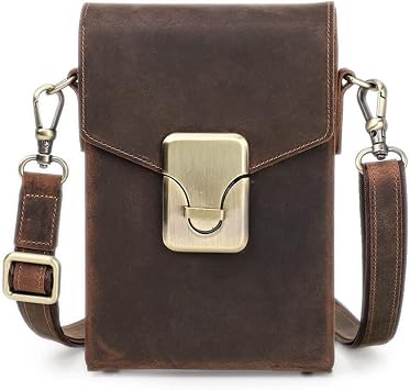 Small Genuine Leather Crossbody Bag for Men, Mens Retro Crazy Horse Leather Messenger Bag Cellphone Shoulder Bag, Small Casual Mobile Phone Bag Pouch Credit Card Holder Wallet for Work Travel Brown