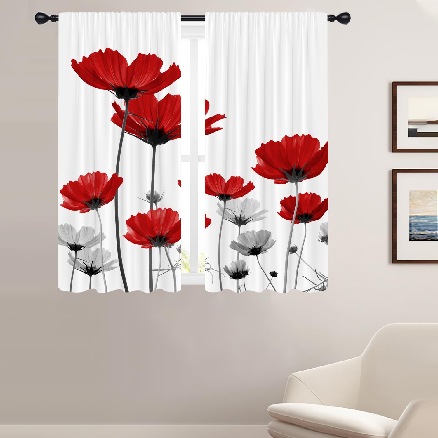 Coxila Red Floral Window Curtains for Bedroom 42 x 63 Inch Rod Pocket Flower Spring White Grey Black Cute Country Rustic Wildflower Summer Living Room