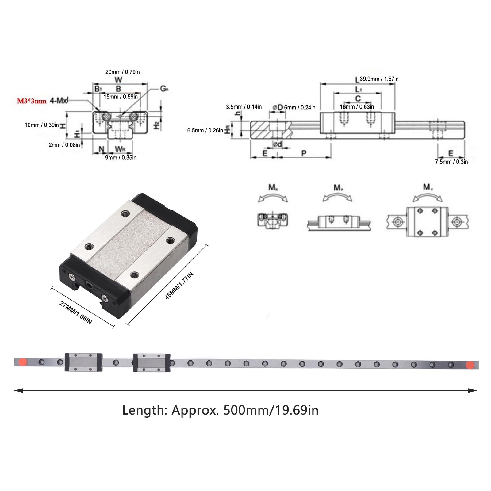 ANKROYU 500mm Linear Rail Guide, Bearing Steel Linear Guide Rail Kit, Double Extended Block, Linear Slide Rail Guide for 3D Printer Engraving Machine
