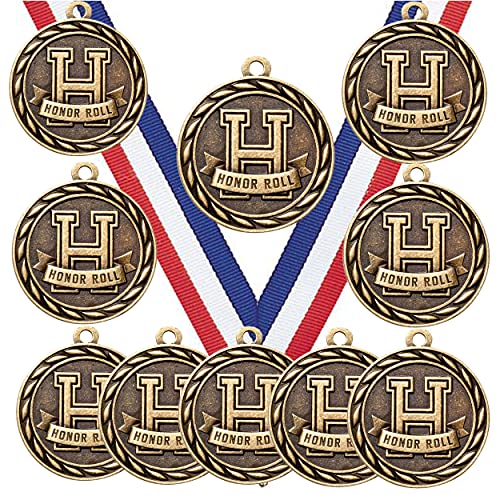 Express Medals Honor Roll Gold Medals Trophy Award with Neck Ribbons MA - (Pack of 10)