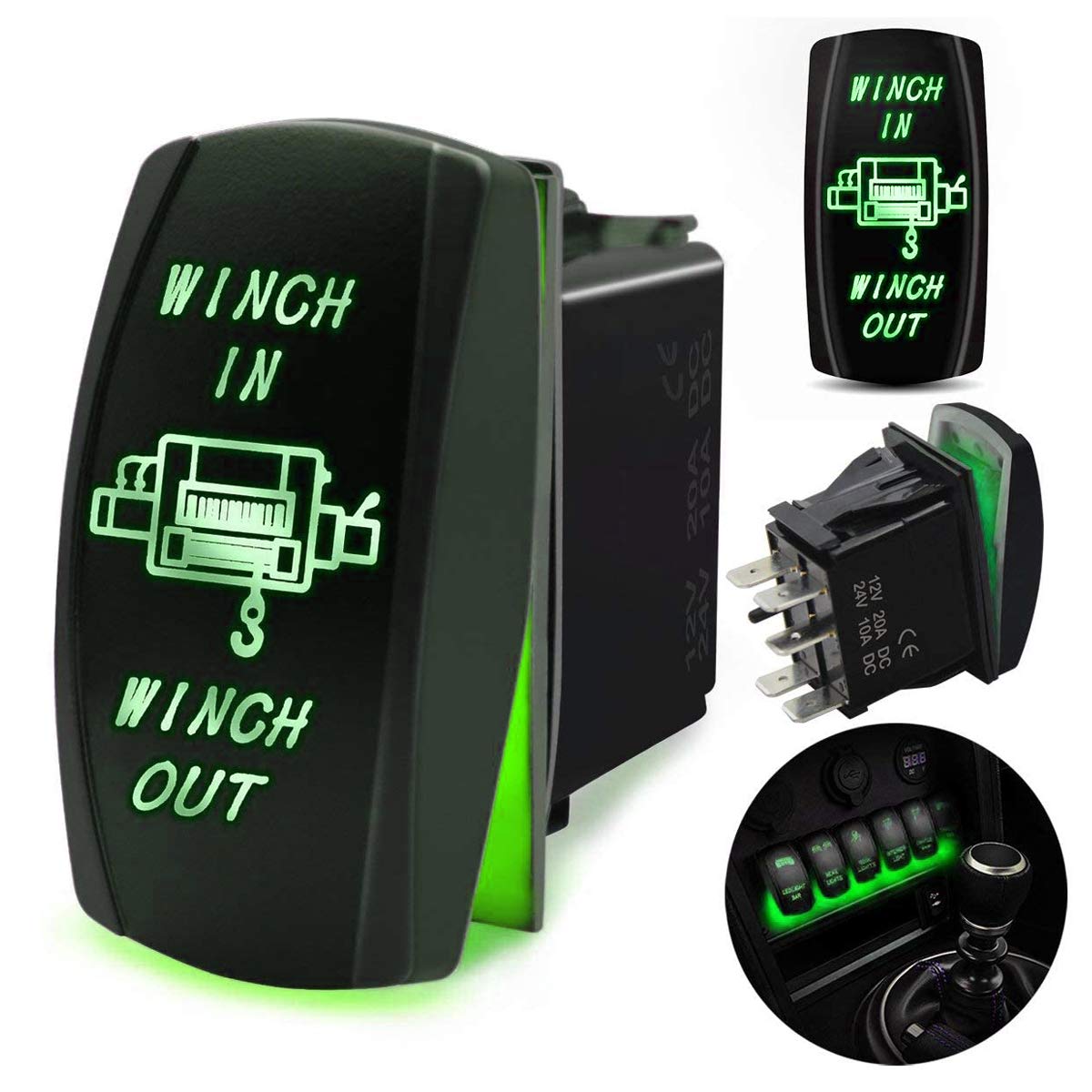 FABOOD F 7 Pin Winch in/Out Momentary Rocker Switch Laser ON-Off-ON Two LED Backlit Green Light 20A 12V for Auto Automotive Motorcycle Truck Boat Marine Off-Road ATV Replace Kit (with Jumper Wire)