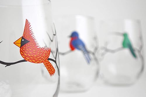 Miniatura 5 de Juego de 4 copas de vino sin tallo, colección de cristalería serigrafiada, regalos para observación de aves