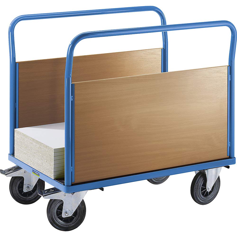 eurokraft pro | Plattformwagen mit Holzwänden | Mit 2 hohen Längswänden, LxB 1250 x 870 mm, Vollgummi