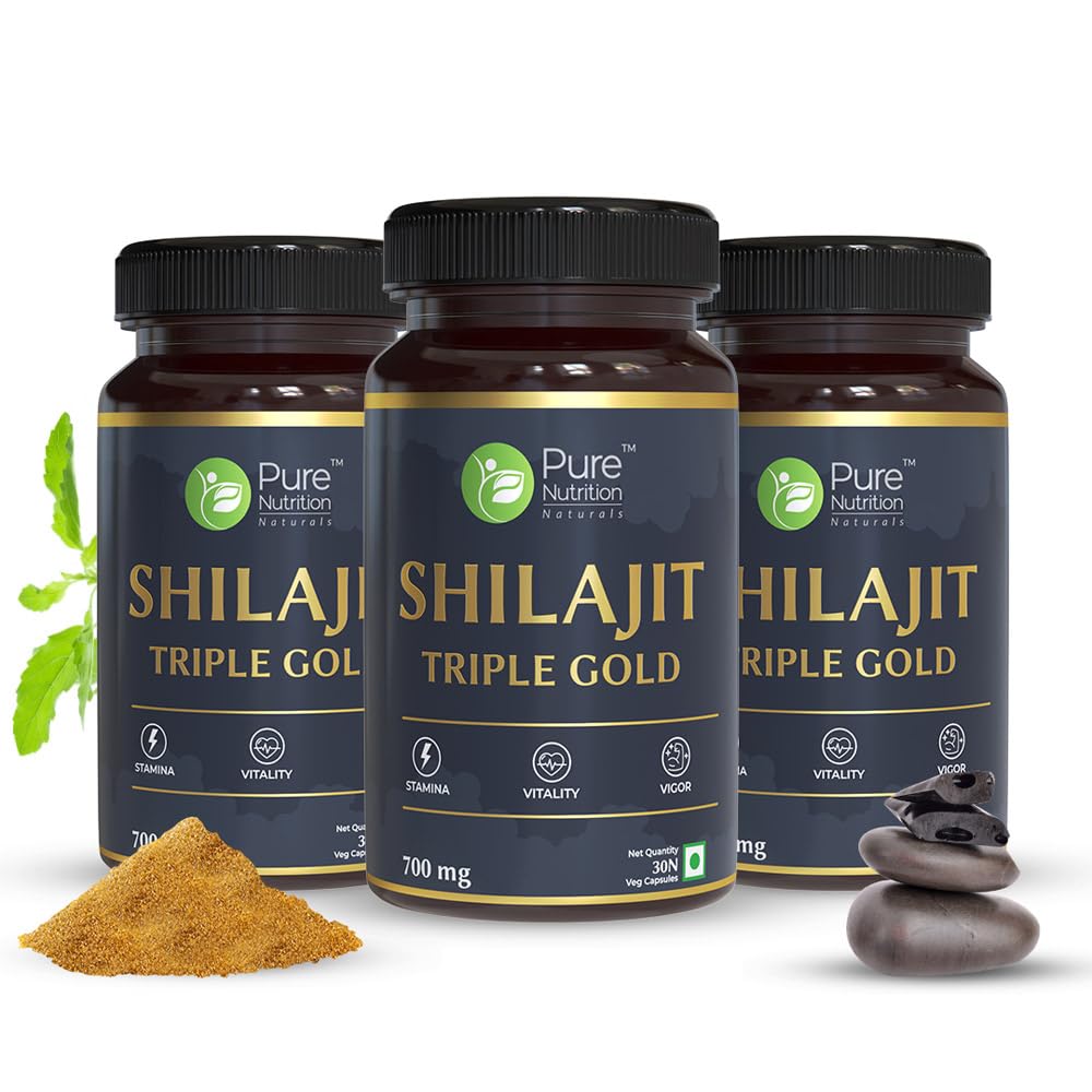 Pure Nutrition Shilajit Gold - 90 Veg Caps (30x3), With Kaunch Beej, Ashwagandha, Safed Musli, Gokhru & Shatavari For Energy, Strength, Stamina & Performance,Premium Ayurvedic Supplement For Men