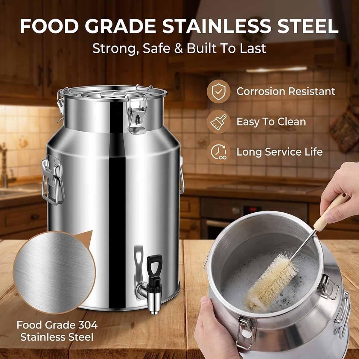 Jarra De Leche De Acero Inoxidable Lata De Leche Barril De Almacenamiento | Recipiente Hermético Con Junta De Goma Asa Fuerte Para Guardar Lácteos Agua Sólidos En Casa Hotel(With faucet,24L)
