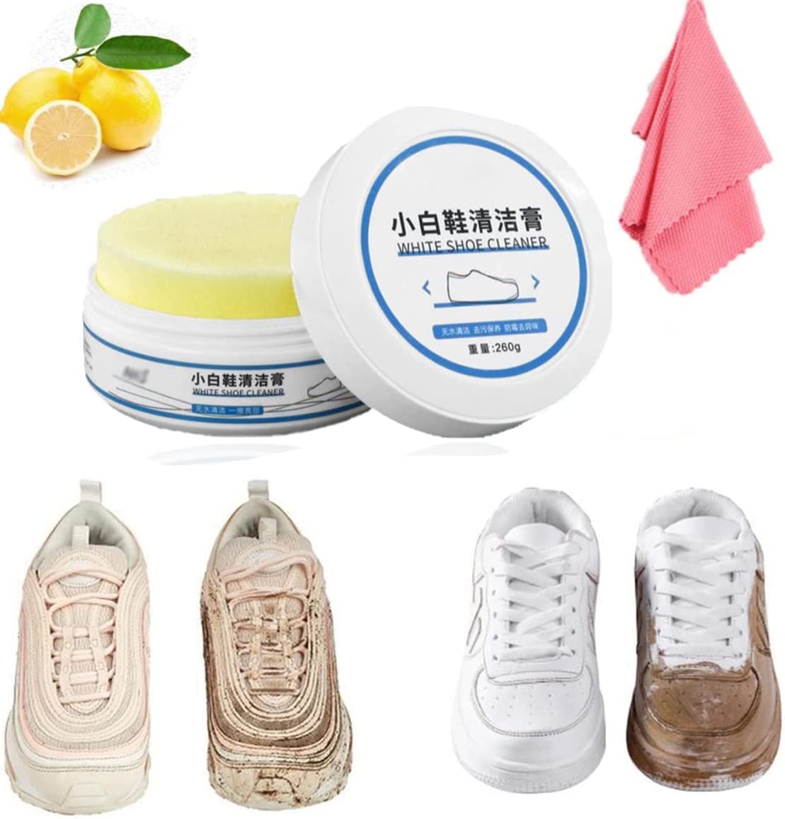 White Shoe Cleaning Cream, 260g Shoes De-Yellowing and Whitening Stain Remover Cleansing Cream, for Casual Leather Shoe Sneakers