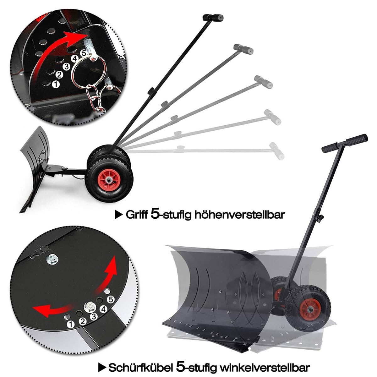 Pala de nieve rodante resistente con ruedas, empujador de nieve manual de metal con mango ajustable, diseño plegable para limpiar entradas y áreas grandes