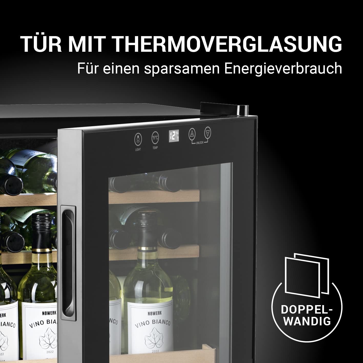 Weinkühlschrank 15 Flaschen Leise Kompressor Freistehend 4-18°C Thermoverglasung LC-Display LED-Beleuchtung