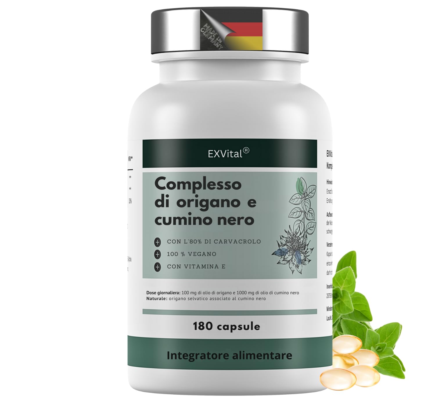 EXVital® Complesso di olio di origano e cumino nero, 180 capsule vegane, 100 mg di olio di origano e 1000 mg di olio di cumino nero al giorno, 80% di carvacrolo, altamente dosato e senza additivi