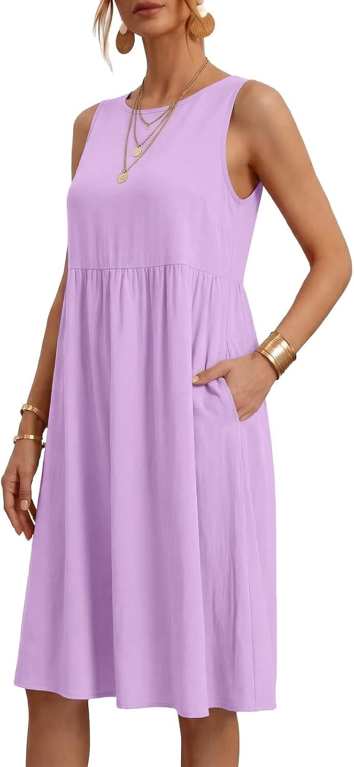 Women's Cotton Linen Sleeveless Midi Dress Round Neck Loose Fit Flowy Dresses Casual Vacation Summer Sundress 2026