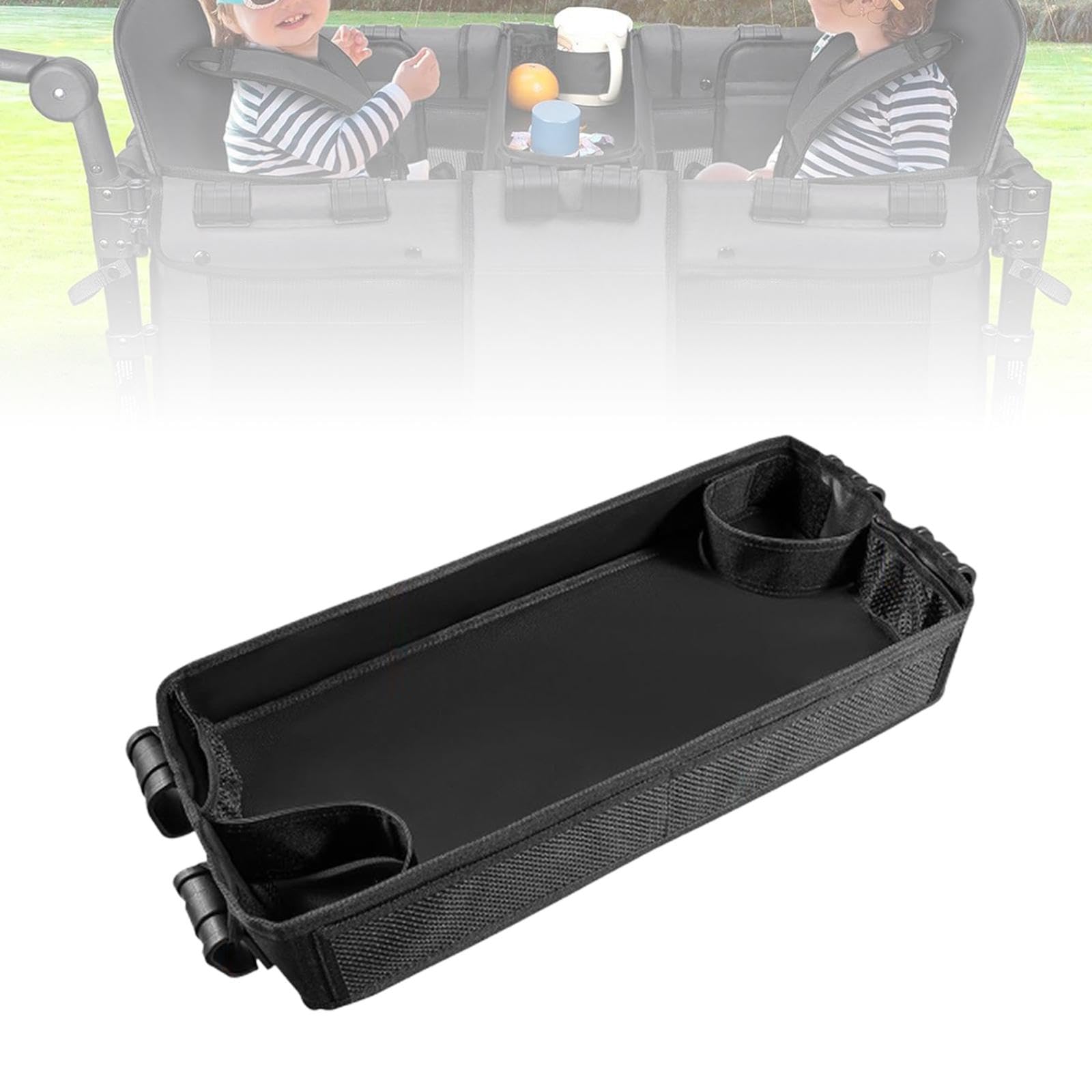 Menolana Stroller Snacks Tray Stroller Organizer Waterproof with Storage Mesh Pockets with Cup Holder Strap with Four Clips Attachment, Small