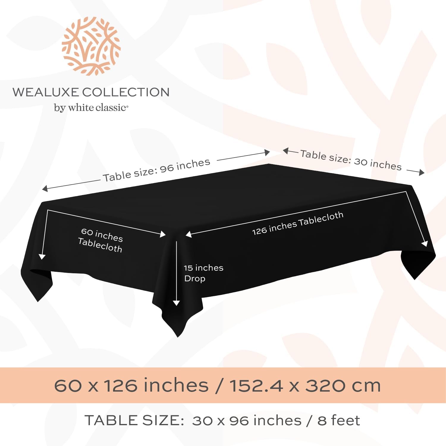 WEALUXE Set of 2 Black Rectangle Tablecloth for Tables 8ft [60x126 Inch] Black Table Cloths for 8 Foot Rectangular Tables, 200 GSM Poly Tabletop Covers Washable Fabric Stain, Wrinkle Resistant, 2 Pack