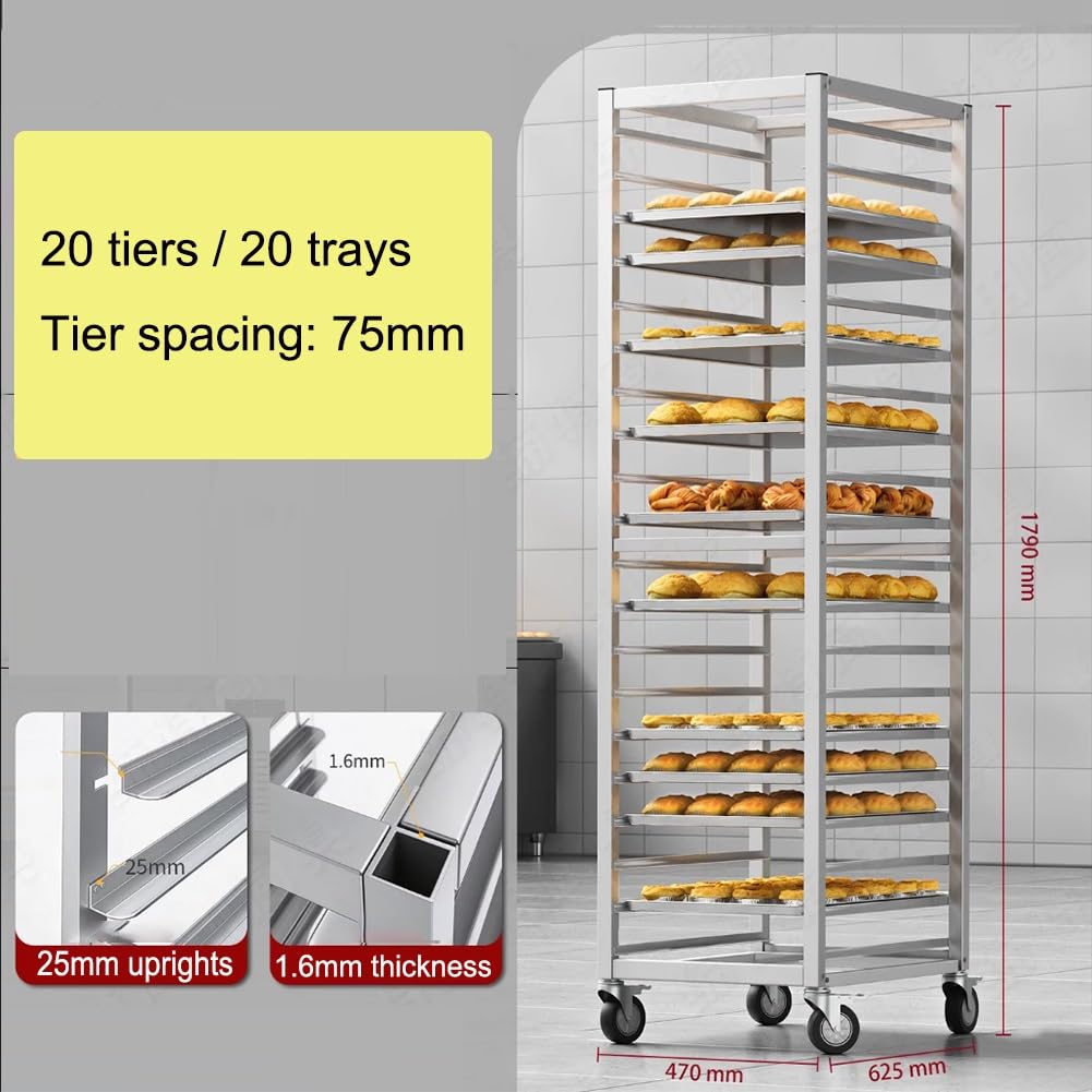 GRRICEPL Carrito de Aluminio con Ruedas para bandejas de panadería, Equipo para Hornear Pan | Carrito Comercial Para Bandejas De Pan, Estante Móvil Para Enfriamiento De Productos Horneados(47x62.5x179 cm/20)