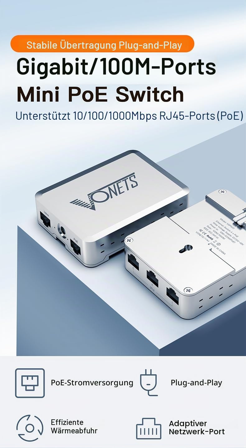 VONETS Industrial 5 Ports PoE Gigabit Switch Gigabit Ethernet Netzwerk Switch Ethernet RJ45 Splitter 10/100/1000M 4 PoE +1 Uplink Plug & Play Metall Design Universal für Netzwerkgeräte VSP500