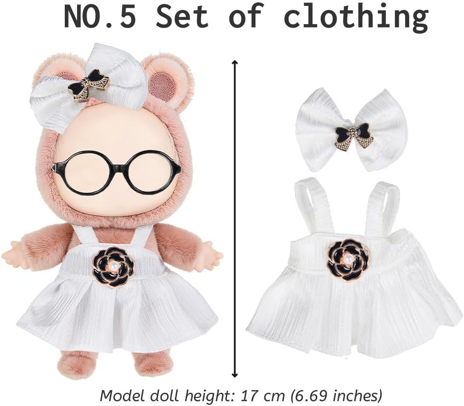 ebuddy 6 Sets 17cm Plush Dolls Clothes - Dress Up Doll Clothing Set Replacement Outfit Collection with Hats & Accessories (No Doll No Glasses)