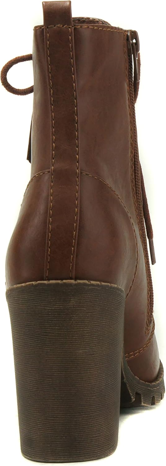 Soda Malia Round Toe Stacked Lug Heel Lace Up Ankle Booties 5.5 Tan