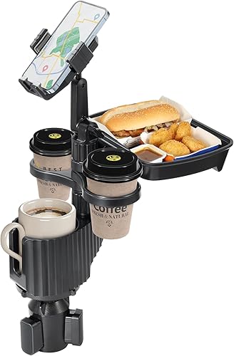 Expansor de portavasos grande para automóvil, extensor de portavasos 5 en 1 con soporte para teléfono y bandeja giratoria y desmontable para comer,