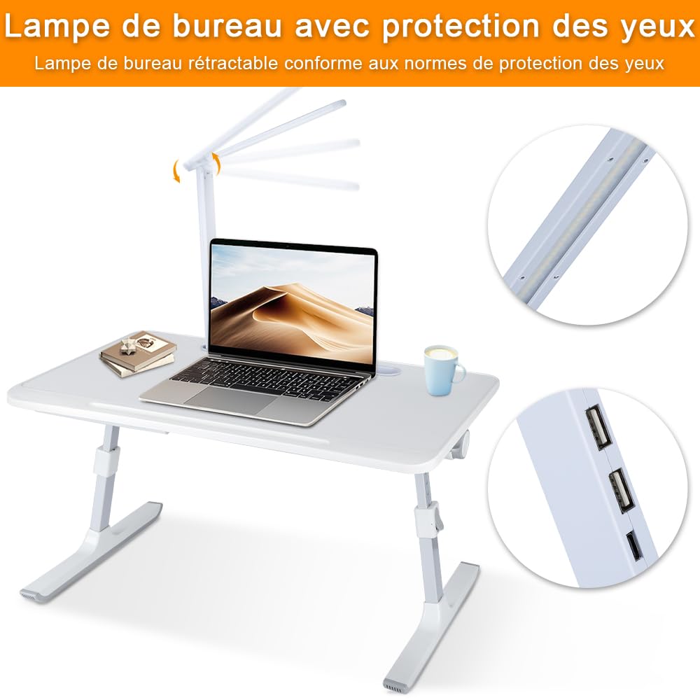 Table d’Ordinateur en Bambou Pliable Réglable avec Tiroir, Support Portable pour Lit Canapé, Blanc 60x40x27-40cm