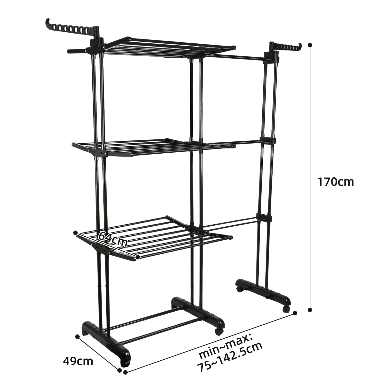 Tendedero de ropa de 4 niveles – Secador de ropa plegable con ruedas, tendedero interior y exterior de acero inoxidable, gran secadora de ropa para lavandería, balcón, 142,5 x 64 x 170 cm (negro)