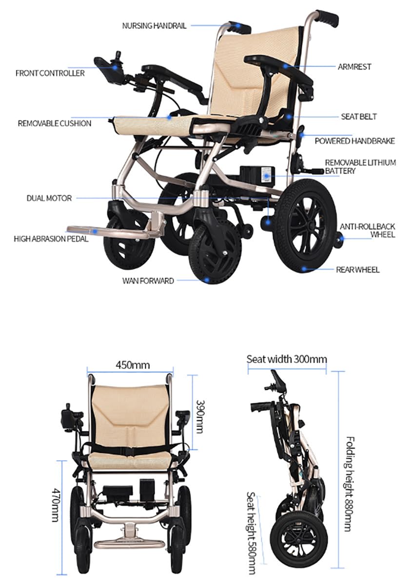 Sedia a rotelle elettrica superleggera, Pieghevole, da Viaggio, con braccioli fissi Lunghi Quanto Una scrivania, Sedia da Trasporto, poggiapiedi Staccabili per Adulti e Anziani, 1, Beige