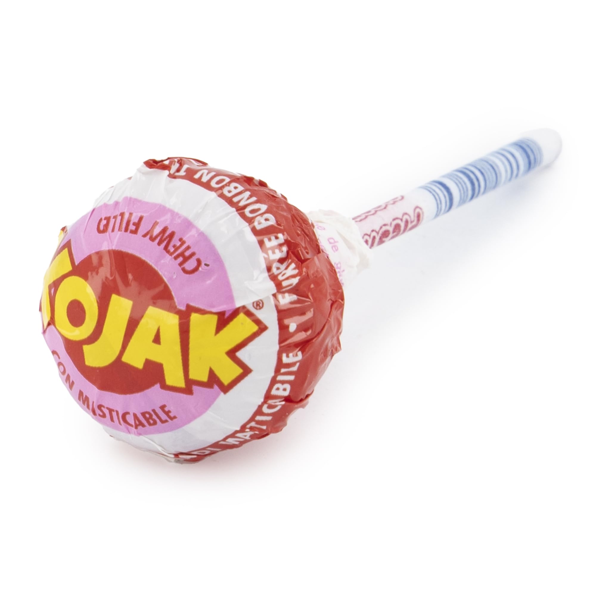 FIESTA Kojak Lolipop Caramelo con Palo Sabor Cereza Relleno de Masticable de Fresa - Caja de 100 unidades