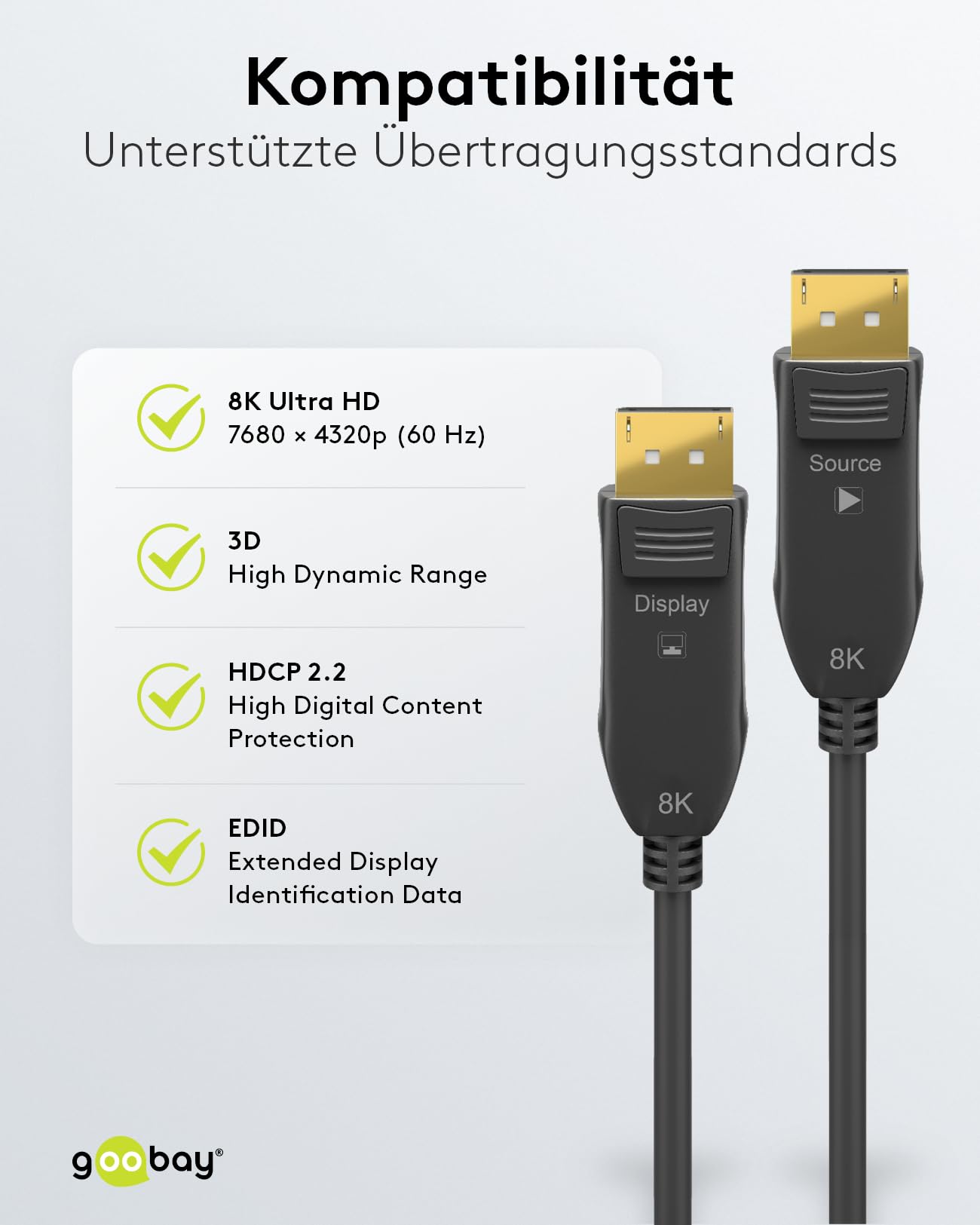 goobay 64866 Optyczny kabel połączeniowy DisplayPort Hybrid 2.0 (AOC) / 8K Ultra HD 4320p (60 Hz) / hybrydowy przewód miedziany z włókna szklanego/pozłacane powierzchnie stykowe/DisplayPort na