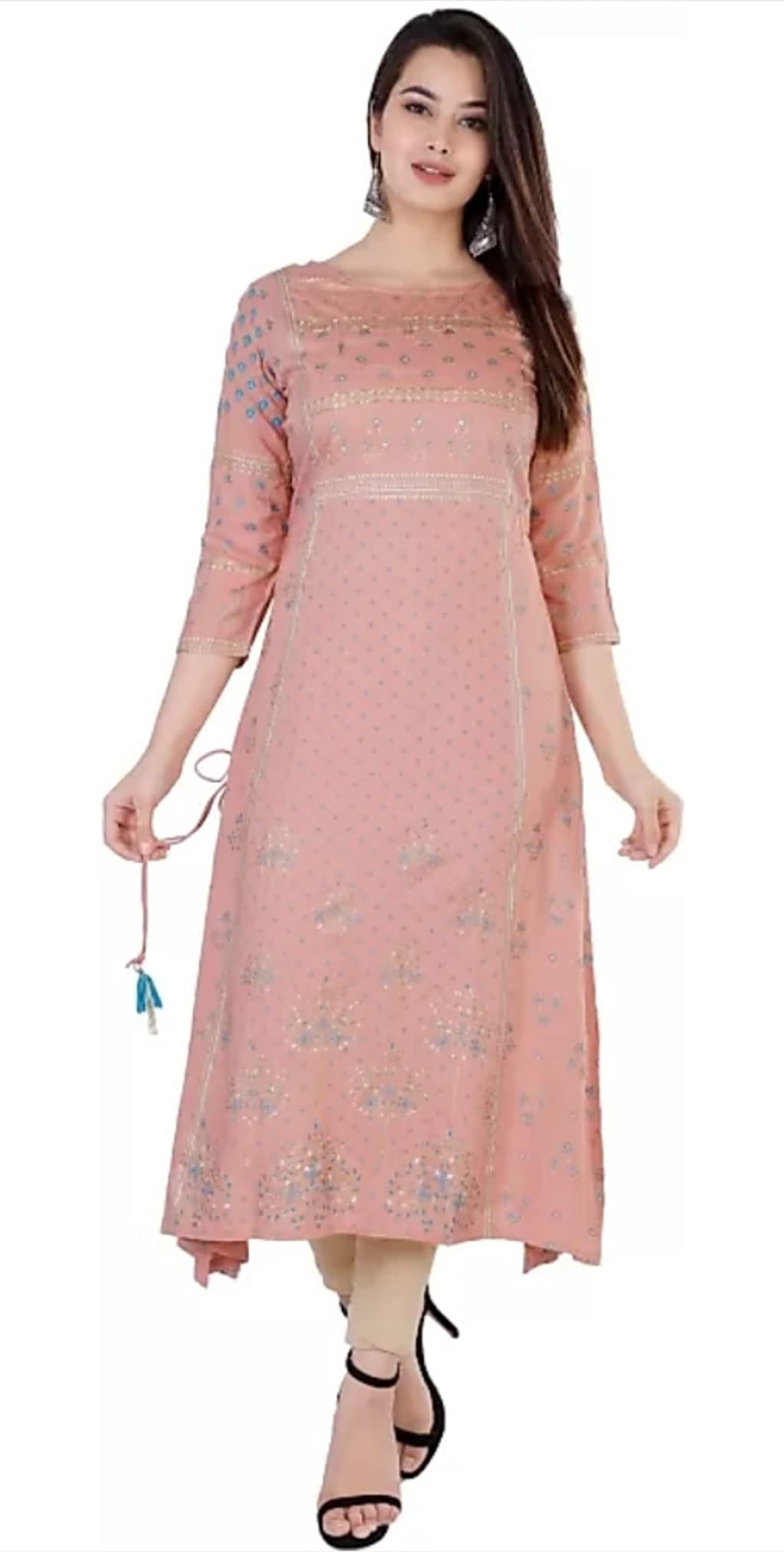 A UNIQUEWomen Printed Rayon A-line Kurta (Pink)