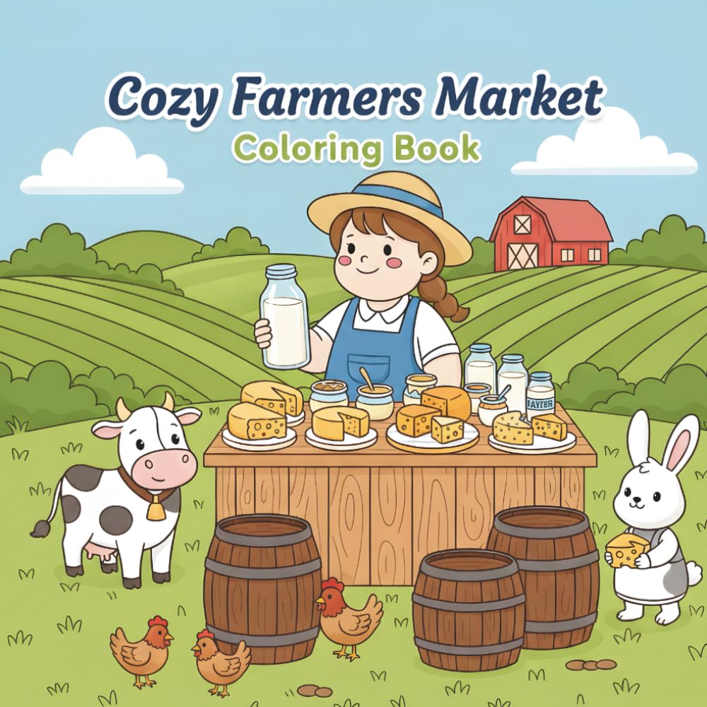 Cozy Farmers Market Coloring Book: Easy, Feel-Good Market Scenes for Kids, Teens & Adults — Produce, Flowers, Honey Bees, Farm Stands & Handmade Goods (The Homestead Harvest Collection)