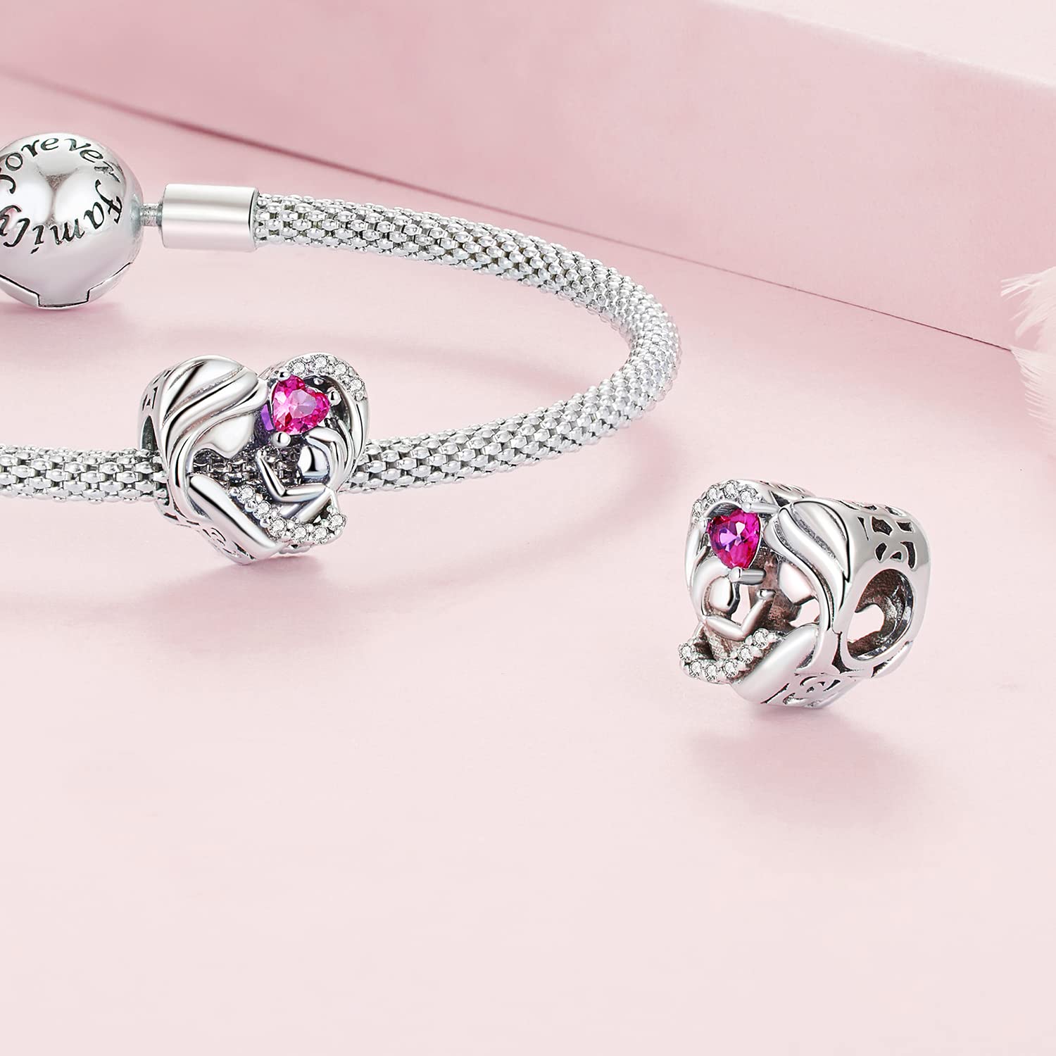 Charm de Madre e Hija para Pulsera de Pandora-Abalorio de Plata de Ley Corazón Rosa Zirconia-Regalo para Mujeres Niñas