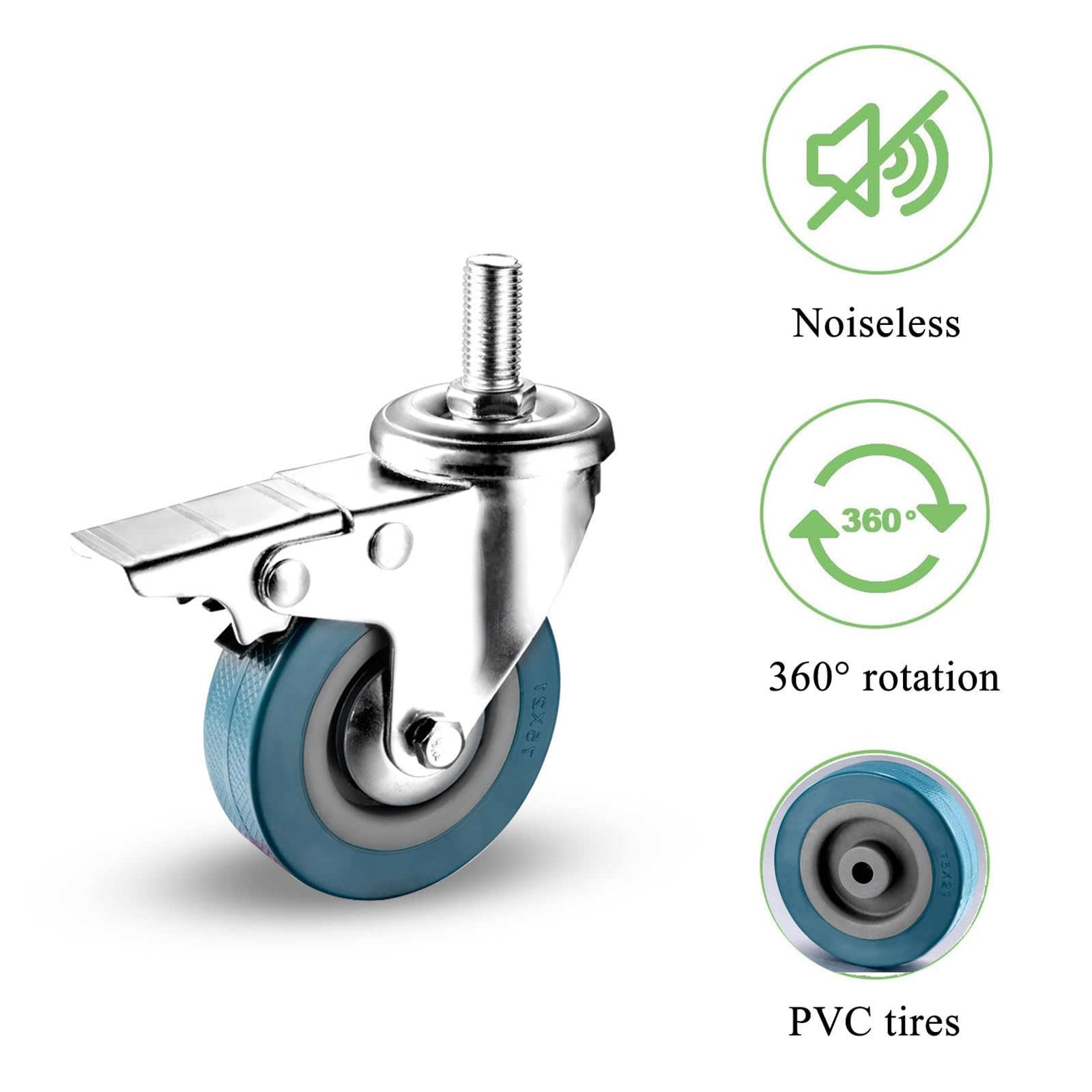 Lot de 4 roulettes pivotantes Robustes en PVC pour Petits Meubles, roulettes à Tige filetée avec Frein, roulettes verrouillables de sécurité, Pas de Traces de Sol, roulettes Lisses