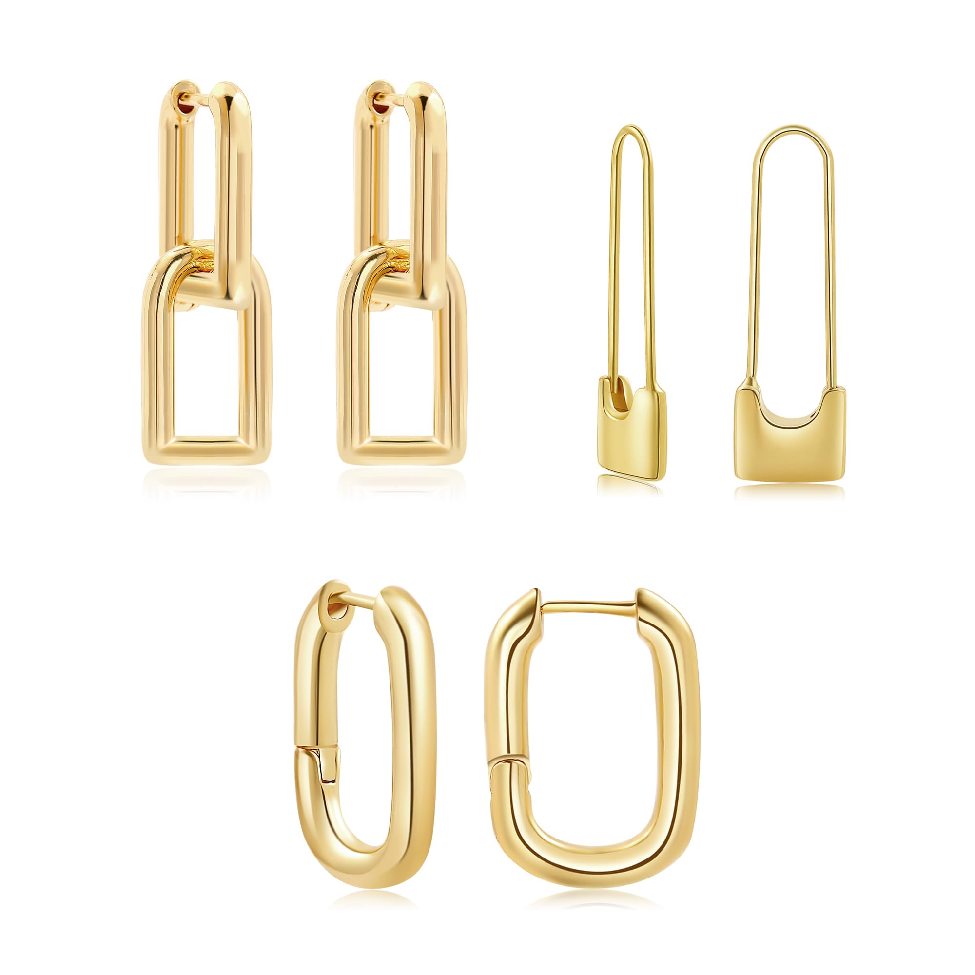 SLOONG 3 Pairs 14k Gold Plated Ball U Shape Pin Y2K Style Chunky Earring Link Chain Chunky Circle Hoop Earrings Paperclip Link Chain Jewelry Drop Dangle Earrings set for women