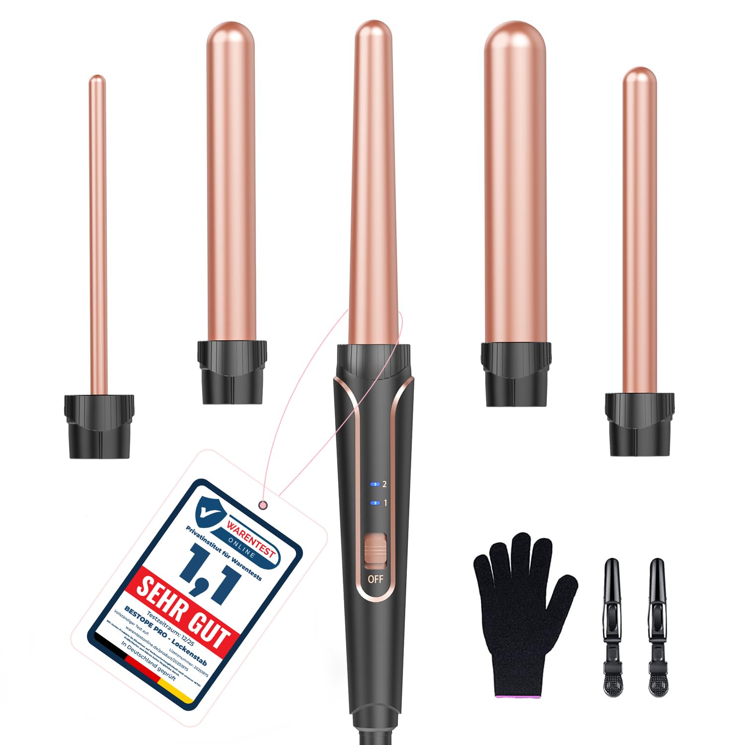 BESTOPE PRO 5 w 1 lokówka do dużych loków, 5 końcówek, do wszystkich rodzajów włosów, 2 temperatury, szybkie nagrzewanie, w zestawie rękawica i klamry