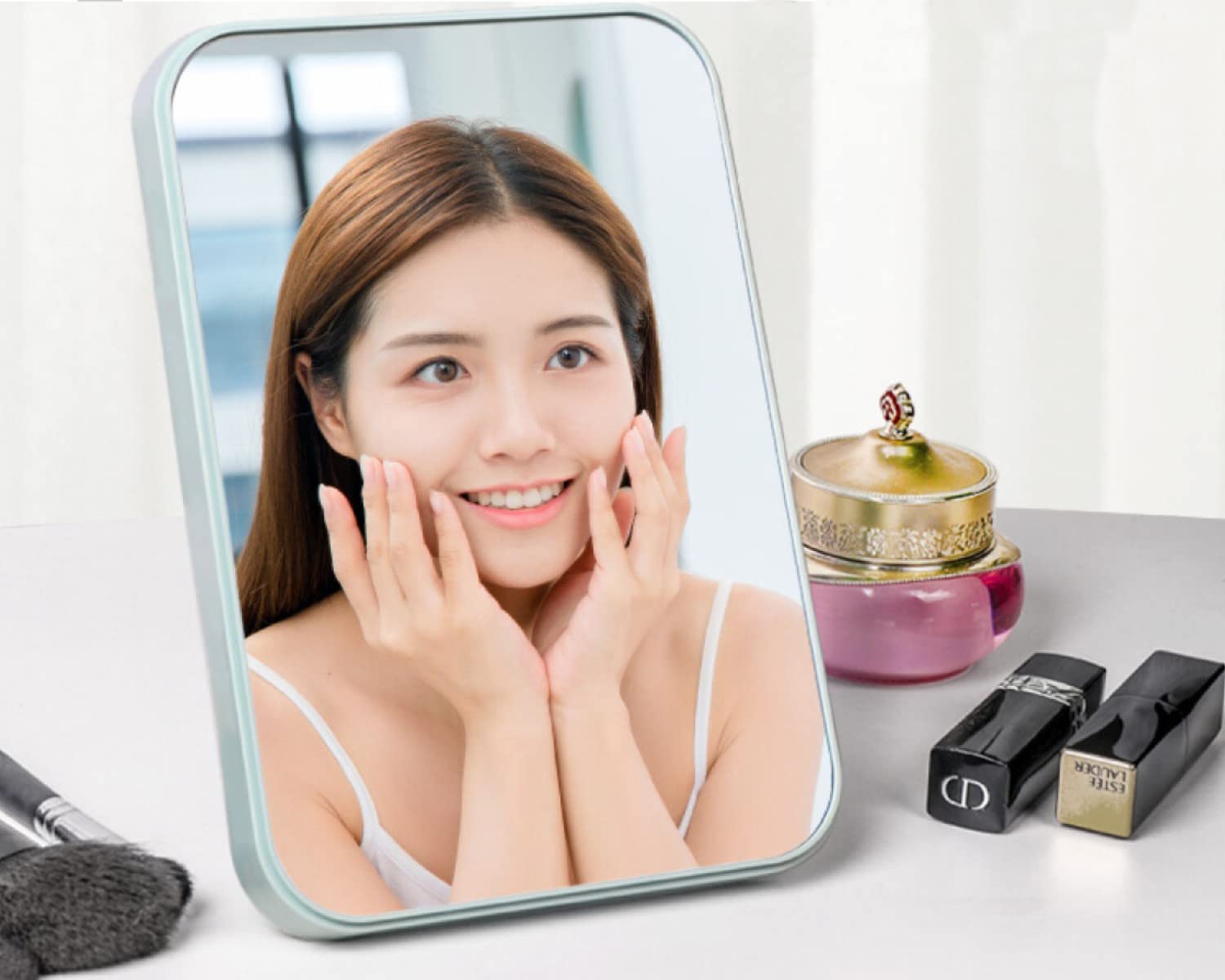 leeonz Table Desk Vanity Makeup Mirror, Portable Folding Mirror with Stand 90°Adjustable Rotation Travel Make Up Mirror for Shower Shaving (Blue)-picture-35