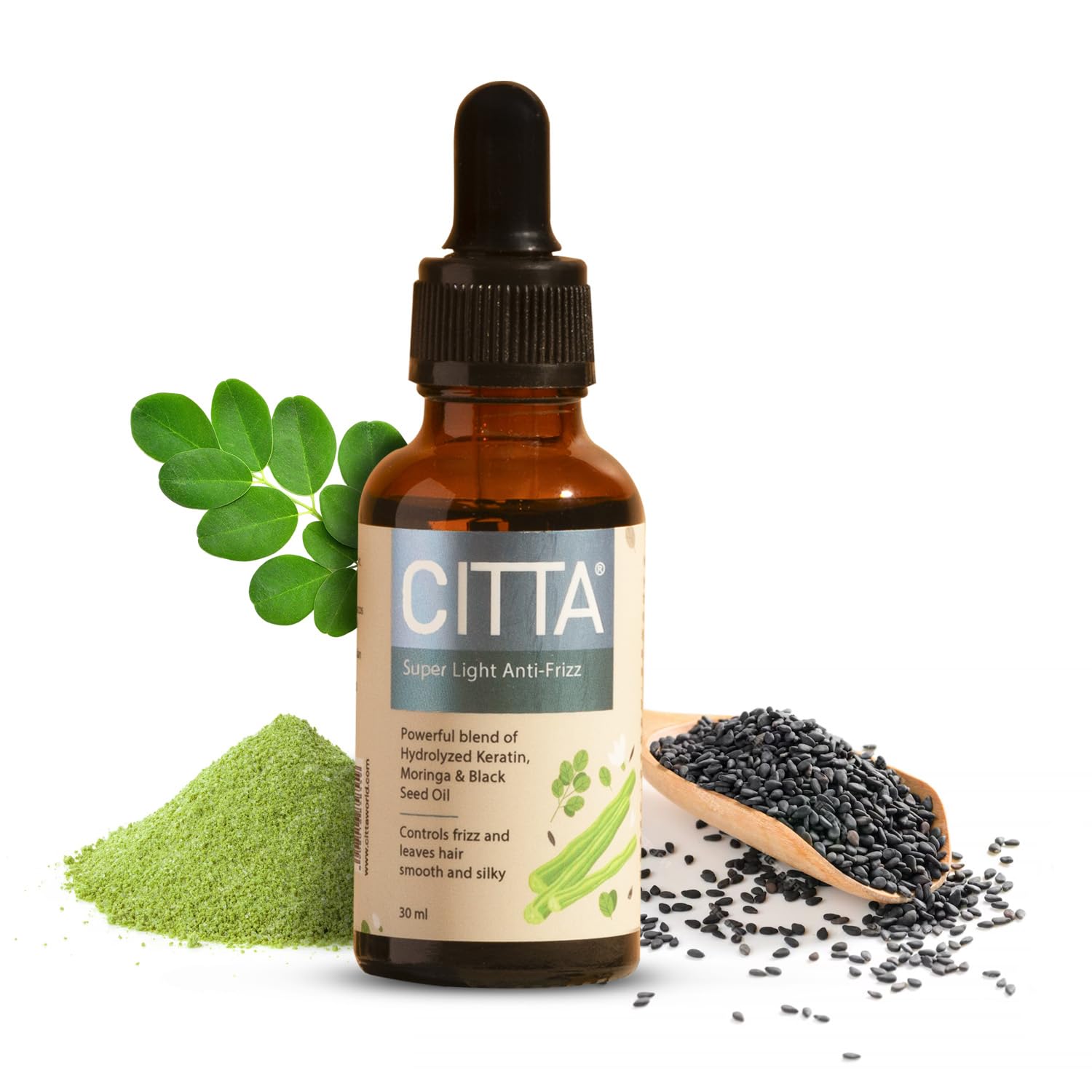 citta super light anti-frizz hair serum for all scalp types | anti hairfall treatment for men & women | frizz control with moringa & black seed oil | lightweight post-shampoo treatment | tames unruly hair & flyaways | 30 ml