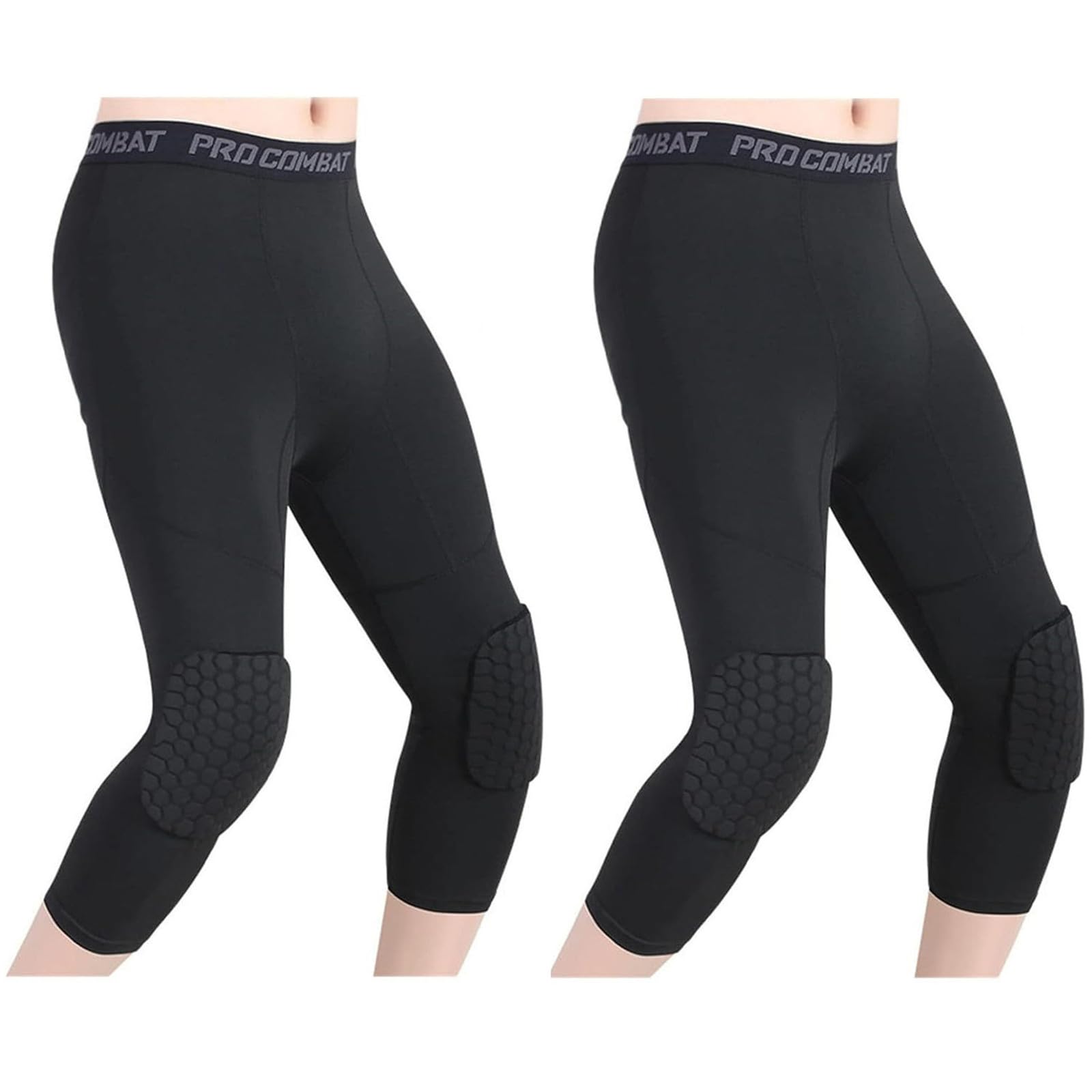 Hulg Men's Black Padded Trousers With Knee Pads Compression Trousers 3/4 Capri For Basketball, Football, Baseball, Youth And Adult Sizes