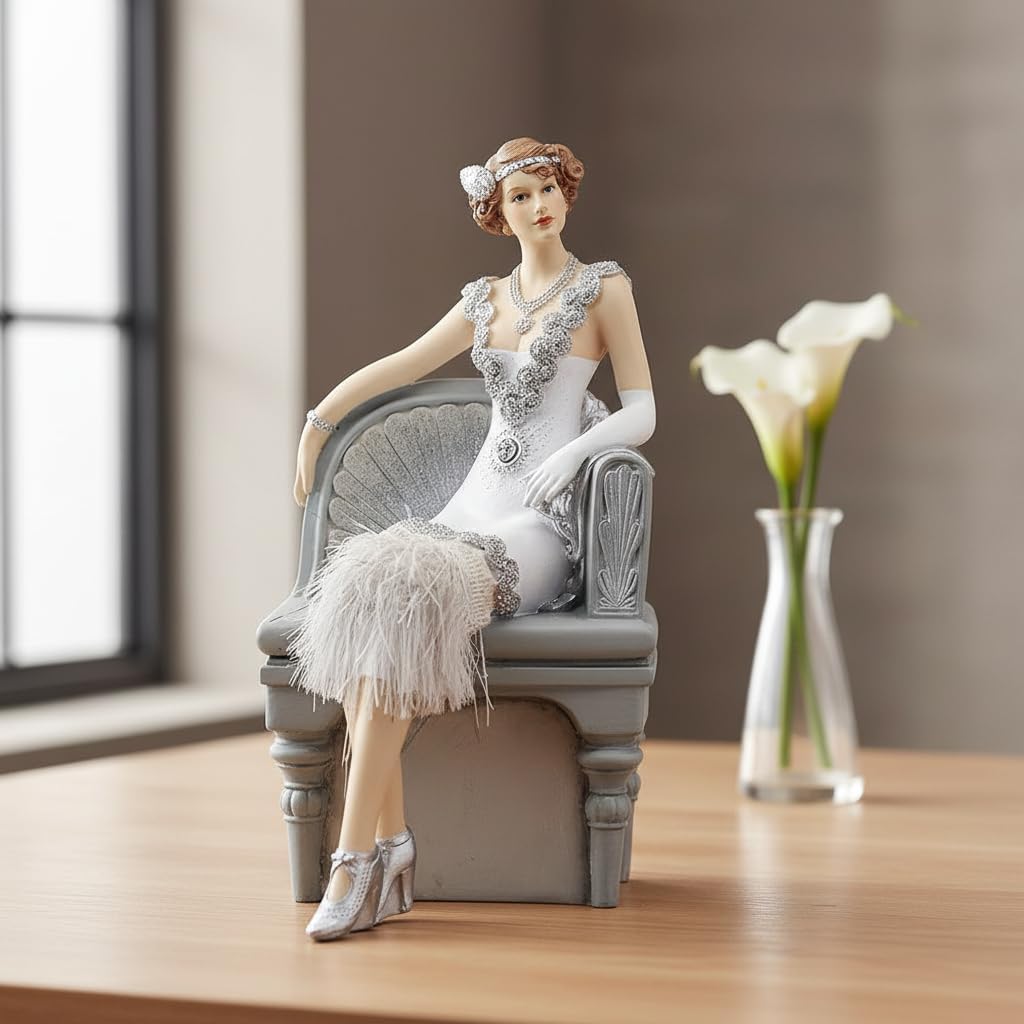 Comfy Hour 9.5" White Fringe Dress Resin Art Deco Lady Figurine, Roaring 20s Elegant Woman Statue Sitting on Chair, Antique Vintage Home Decor Accent