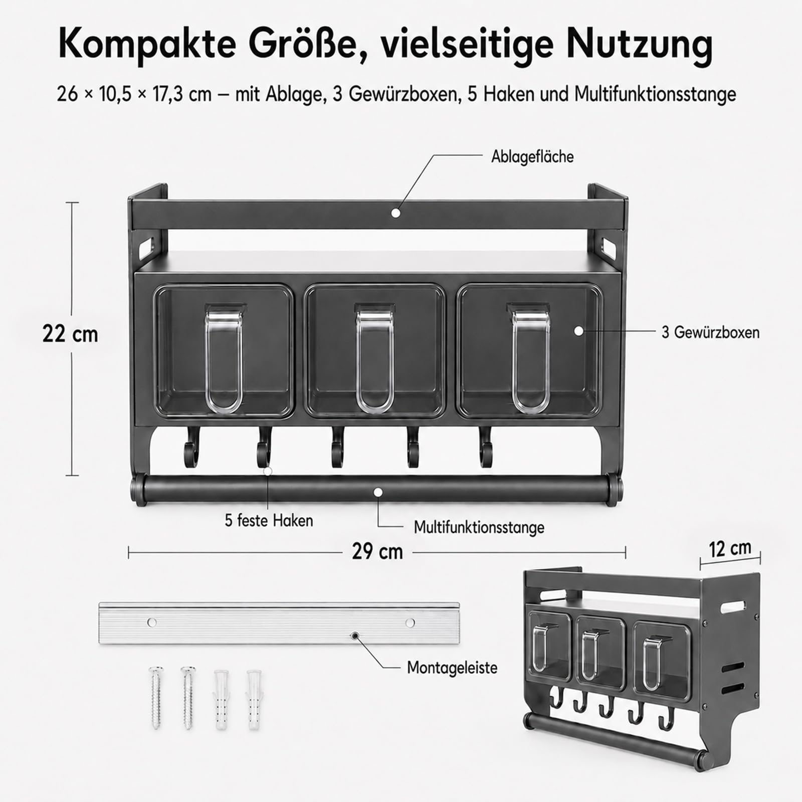 Küchenregal Wand, Gewürzregal Hängend, Gewürzregal Mit Küchenrollenhalter Gewürzständer Wand Aus Metall Gewürz Organizer Regal Für Küchen Arbeitsplatte Schrank (mit 3 Gewürzbox)