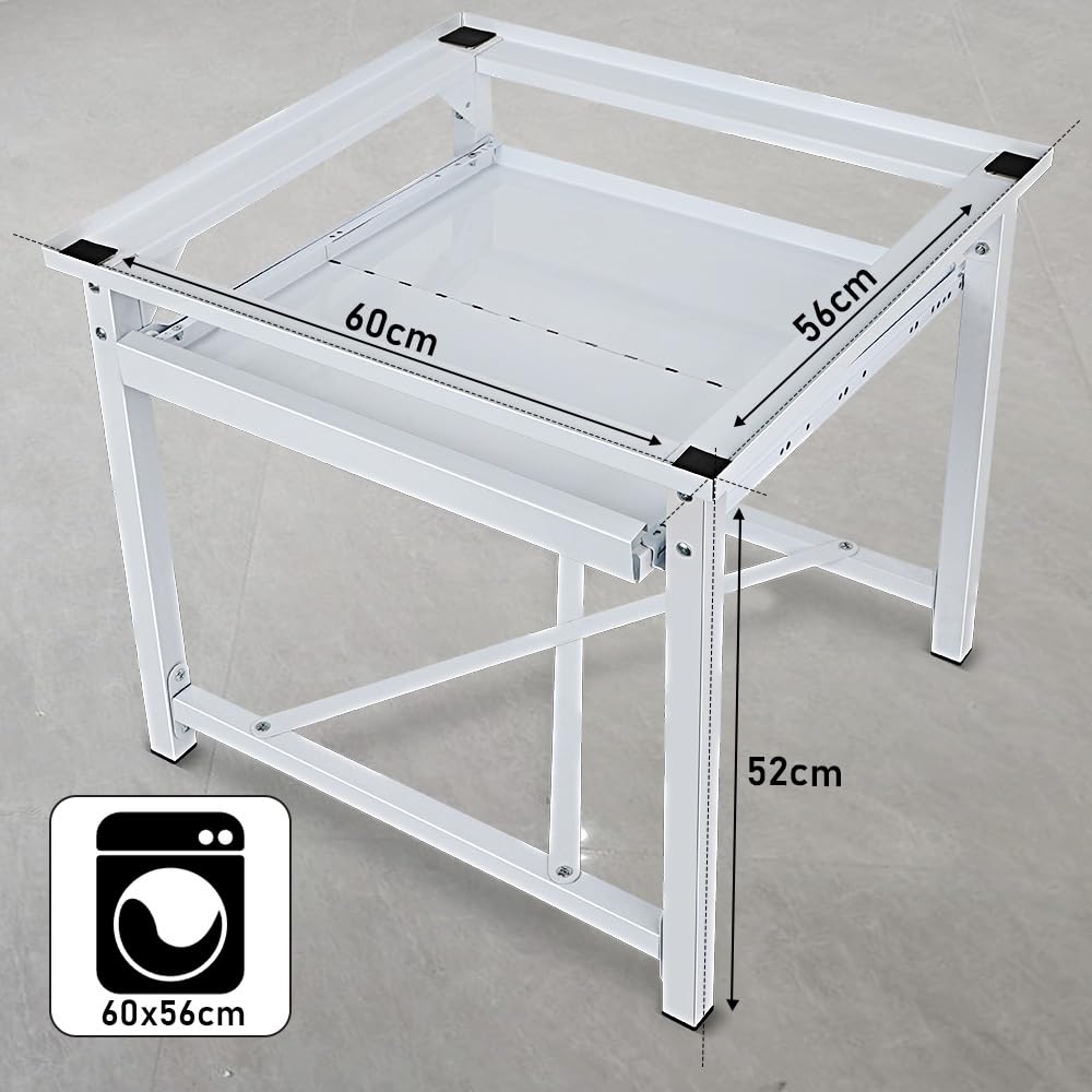 Base in acciaio per lavatrici con ripiani, fino a 150 kg, stabile base per lavatrici con cuscinetti antiscivolo, piedistallo rialzo per asciugatrice, frigorifero, bianco, 60 (L) x 56 (L) x 52 (H) cm