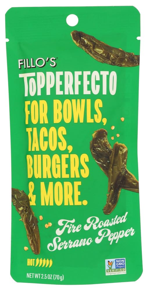 Fillo’s Extra Hot ToPPERFECTO Serrano Pepper & Sea Salt - Pack of 1 - Spicy Latin-Inspired Mix with Fire-Roasted Vegetables – All-Natural, Ready-to-Eat, Non-GMO, Perfect for Tacos, Bowls & Sandwiches