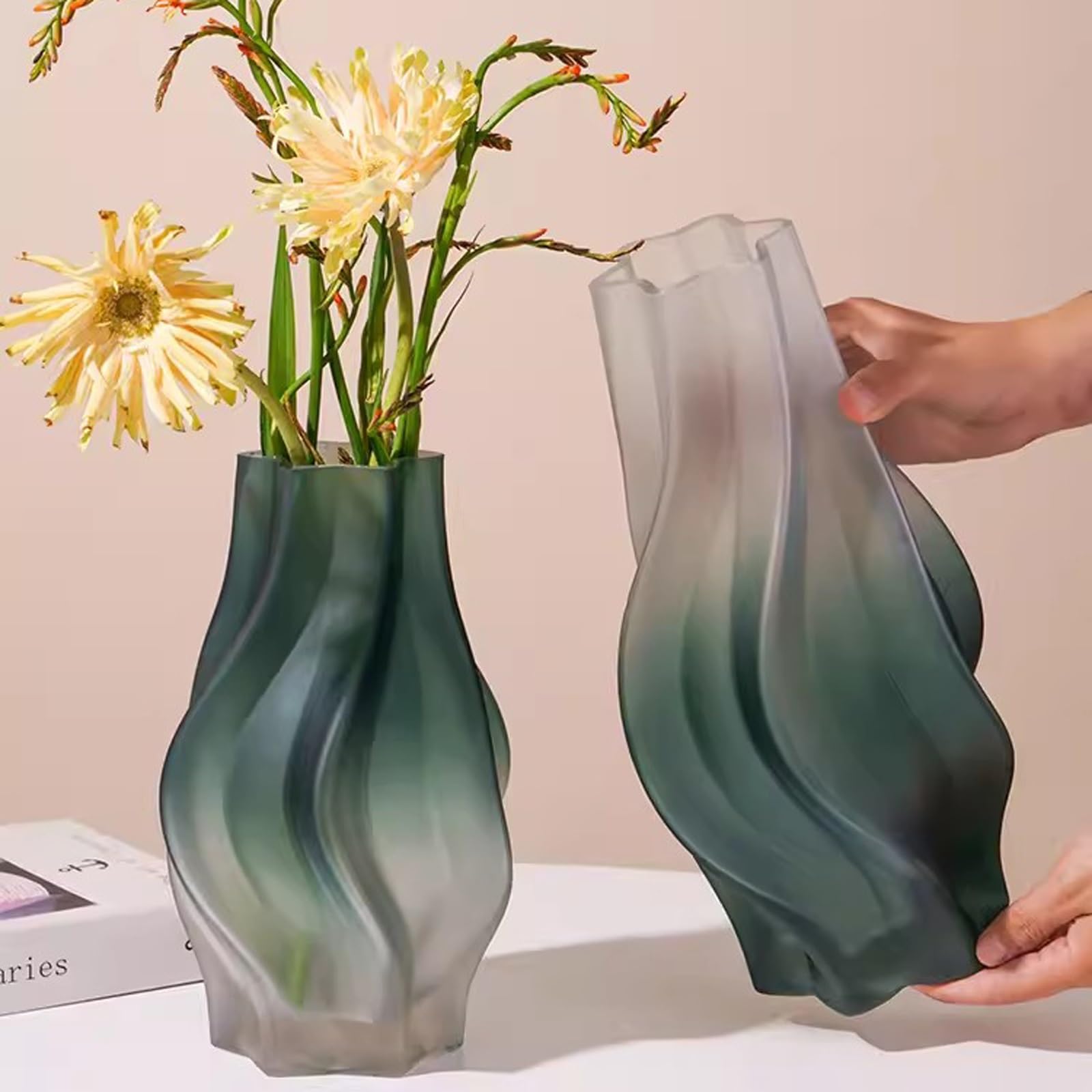Vases Vase en Verre givré, Nouveau Vase à Fleurs et lys, décoration et Ornements de Salon Vase Décoratif(Green,Grand)