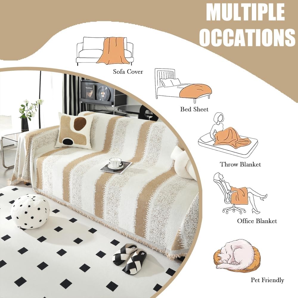 Booque Valley Boho Couch Cover Oversized Striped Chenille Slipcover for Sofa Soft Washable Pet Friendly Pill-Resistant Reversible Couch Protector for Living Room (Large, 72" x 120", Khaki and White)