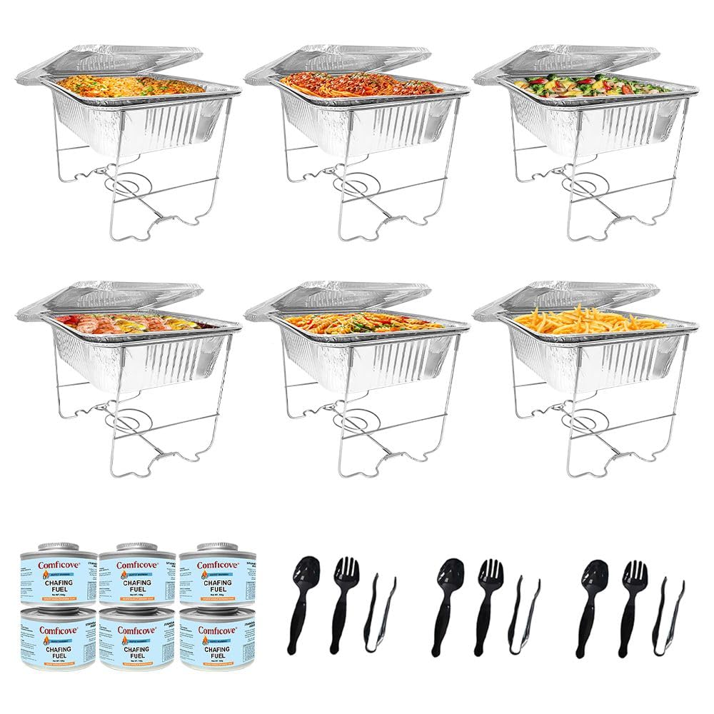 Chafing Dish Buffet Set, Half Size, Disposable Catering Supplies -6 Pack- Food Warmers for Parties: Foldable Wire Racks, 4 Hour Fuel, Aluminum Water Pans, Food Pans, Serving Utensils