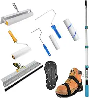 Kit de ferramentas de cimento autonivelante, ancinho autonivelante, sapatos pontiagudos para piso epóxi, rolo cravado para autonivelamento, poste telescópico
