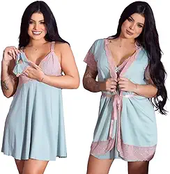 Kit Robe Roupão e Camisola Amamentação Pós-Parto com Renda, Moda Maternidade para Gestante, Prático e Confortável, Ideal para Mães que Amamentam e Saída de Maternidade