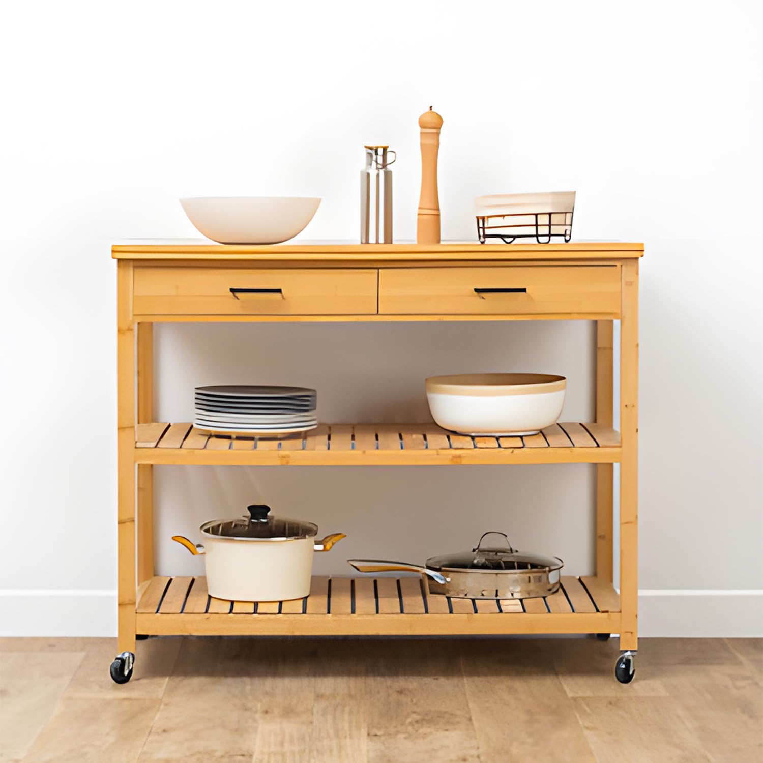 Avilia Isola Carrello da Cucina in Bambù 3 Livelli con Ruote 90x108x85 cm - Piano Lavoro Superiore due Scaffali di Appoggio e due Cassetti Ideale sia per Cucinare che per Riporre Oggetti e Utensili